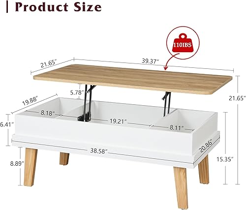Miniatura 3 de DMIDYLL Mesa auxiliar elevable, mesa de centro fácil de montar con gran compartimento de almacenamiento oculto, mesa de comedor moderna para sala de