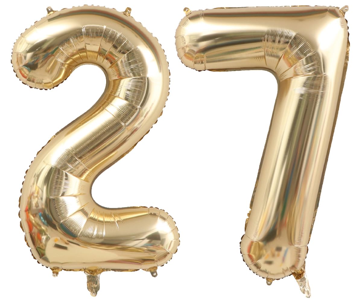 Light Gold Number 27 Balloon 40in White Gold 27 Foil Mylar Digital Balloon | Champagne Gold Birthday Jumbo Giant Large Helium Balloons 27th or 72nd Anniversary Events Party Decorations Supplies