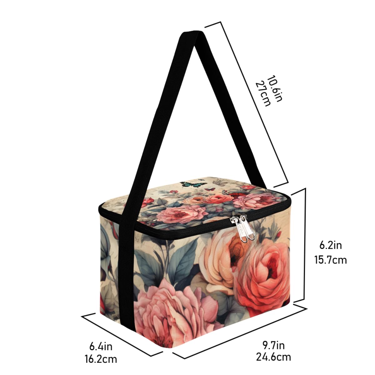 GzLeyigou Lunch Bags for Women Men 9 Cans,Retro Floral Peony Hot & Cold Food Delivery Bag Insulated Grocery Bag Insulated Lunch Box Flowers Cooler Bag for Office Work Picnic Beach