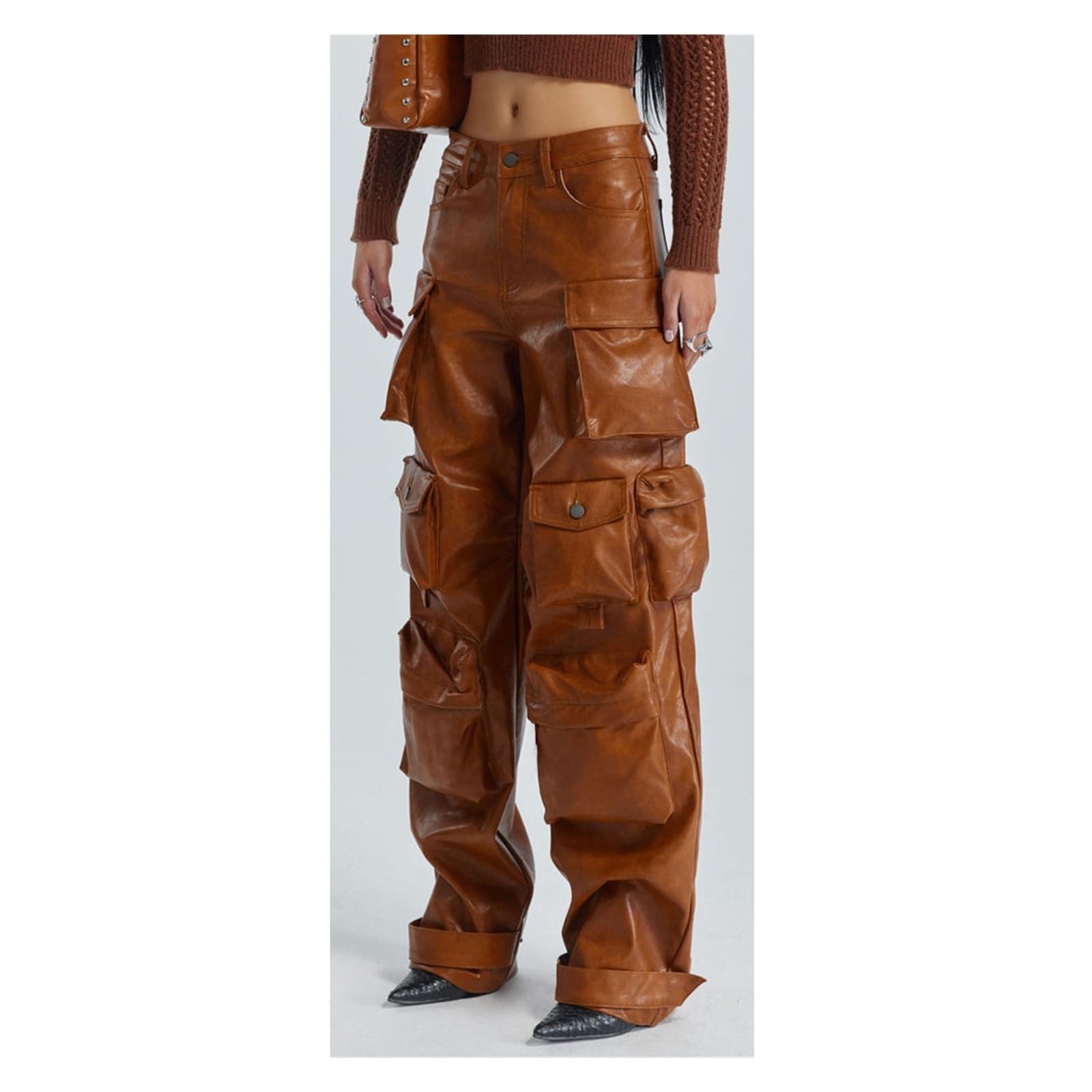 WEITING Frauen Faux PU Leder Hosen Einfarbig Hohe Taille Bein Hosen Mit Taschen Vintage Ästhetische Hosen Streetwear Lederhose
