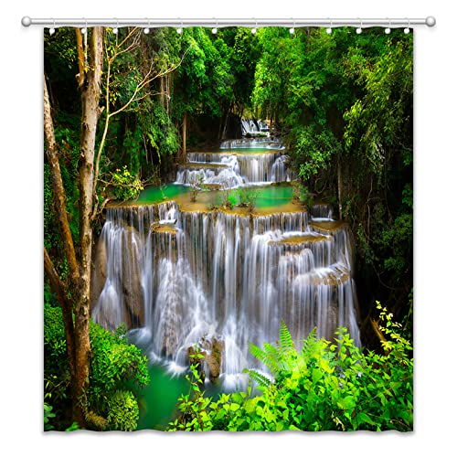 Forest Waterfall Shower Curtain Nature Rainforest Jungle Landscape Spring Green Tree Rock Tropical Seasonal Summer Rainforest Scenery Fabric Bathroom Decor Curtain With Hook #TOP12