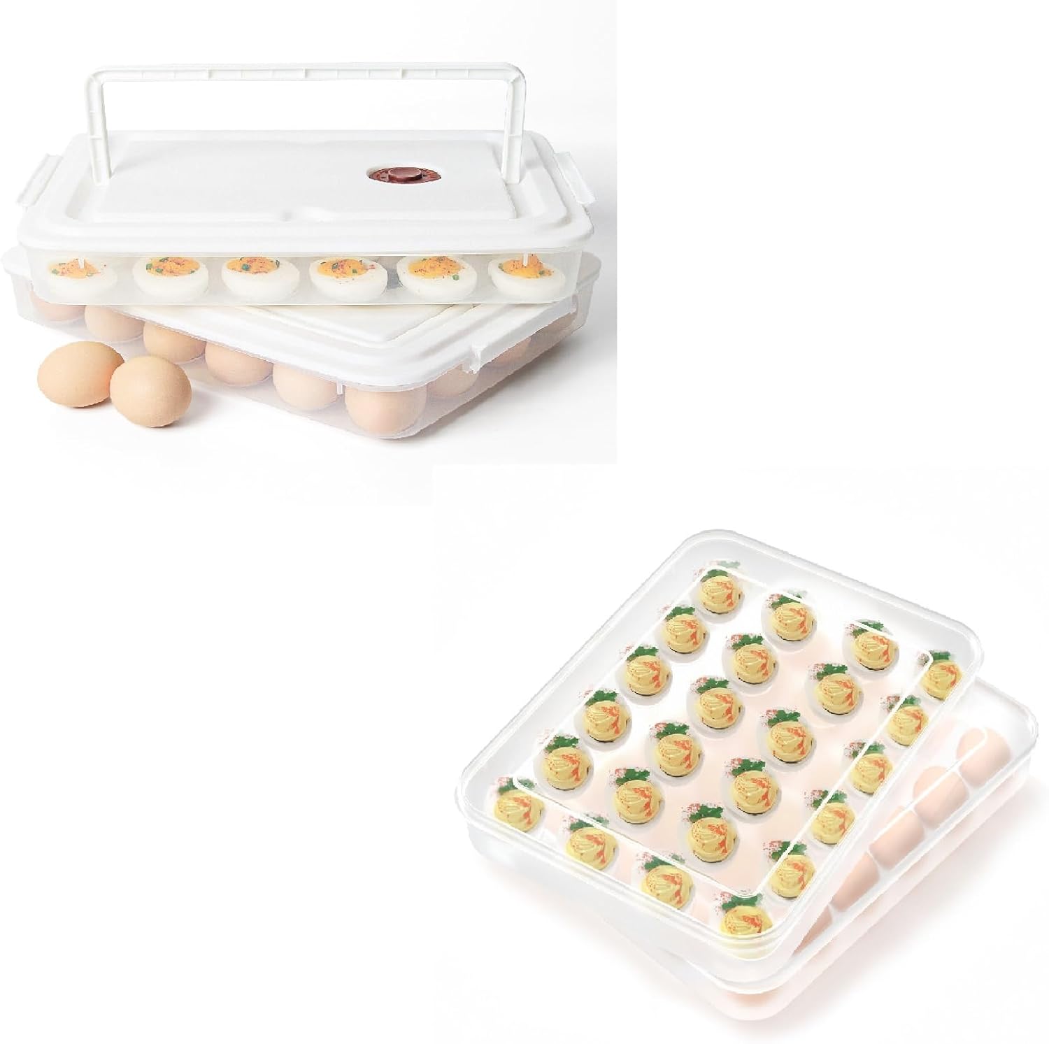 Newness Deviled Egg Containers with Lid, (Set of 4), Plastic Deviled Egg Carrier with Handle for Eggs, Clear Storage Devil Egg Platter, Fridge Portable Egg Tray, Perfect for Picnic and Party
