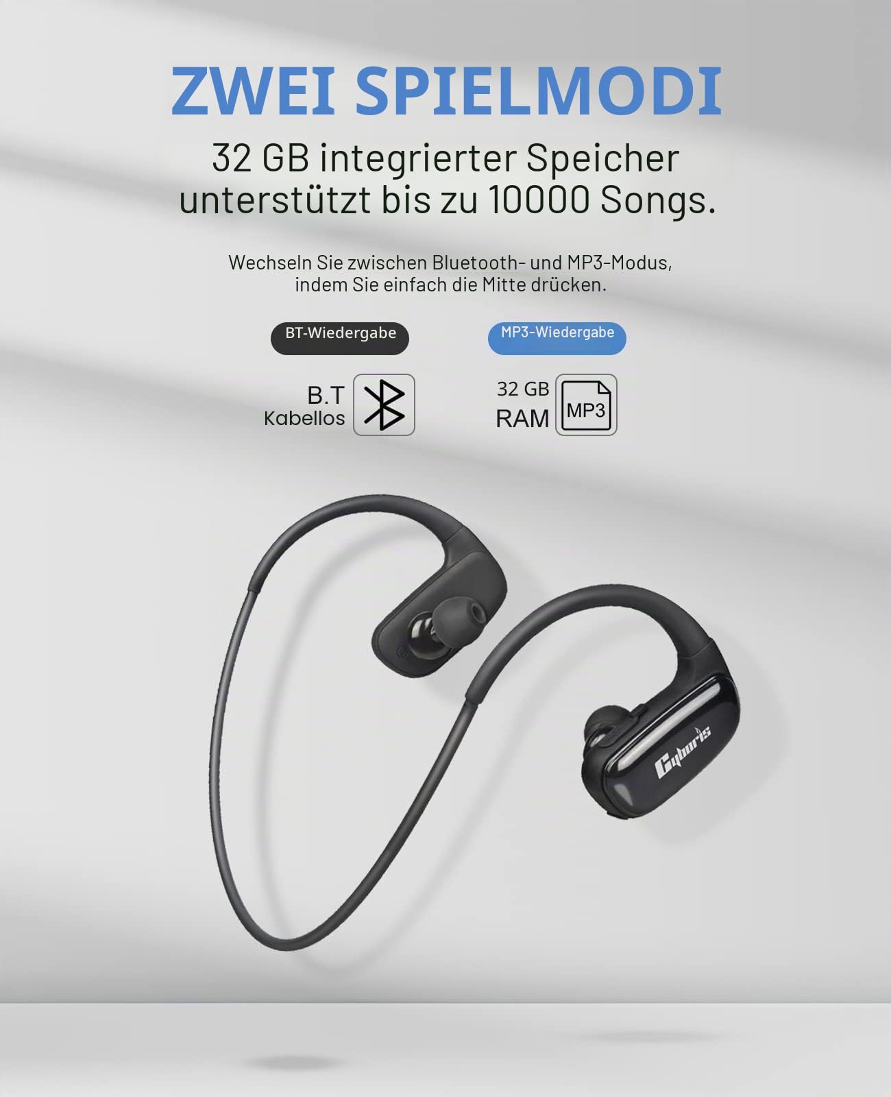 CYBORIS Sport Schwimmen Wasserdichte Kopfhörer, IPX7 Wasserdicht 32GB MP3-Player mit Bluetooth, Lauf-Kopfhörer, 10 Stunden Spielzeit, Kabelloses Bluetooth 5.3 Headset mit Geräuschunterdrückung
