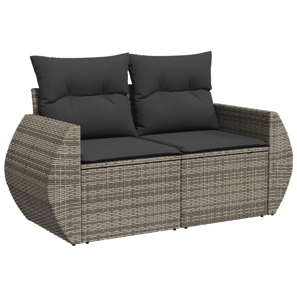 Set Divano da Giardino 9 Pezzi in Polyrattan con Tavolo Grigio | Salotto modulare da esterno per terrazzo e patio con cuscini imbottiti sfoderabili e piano in vetro temperato.