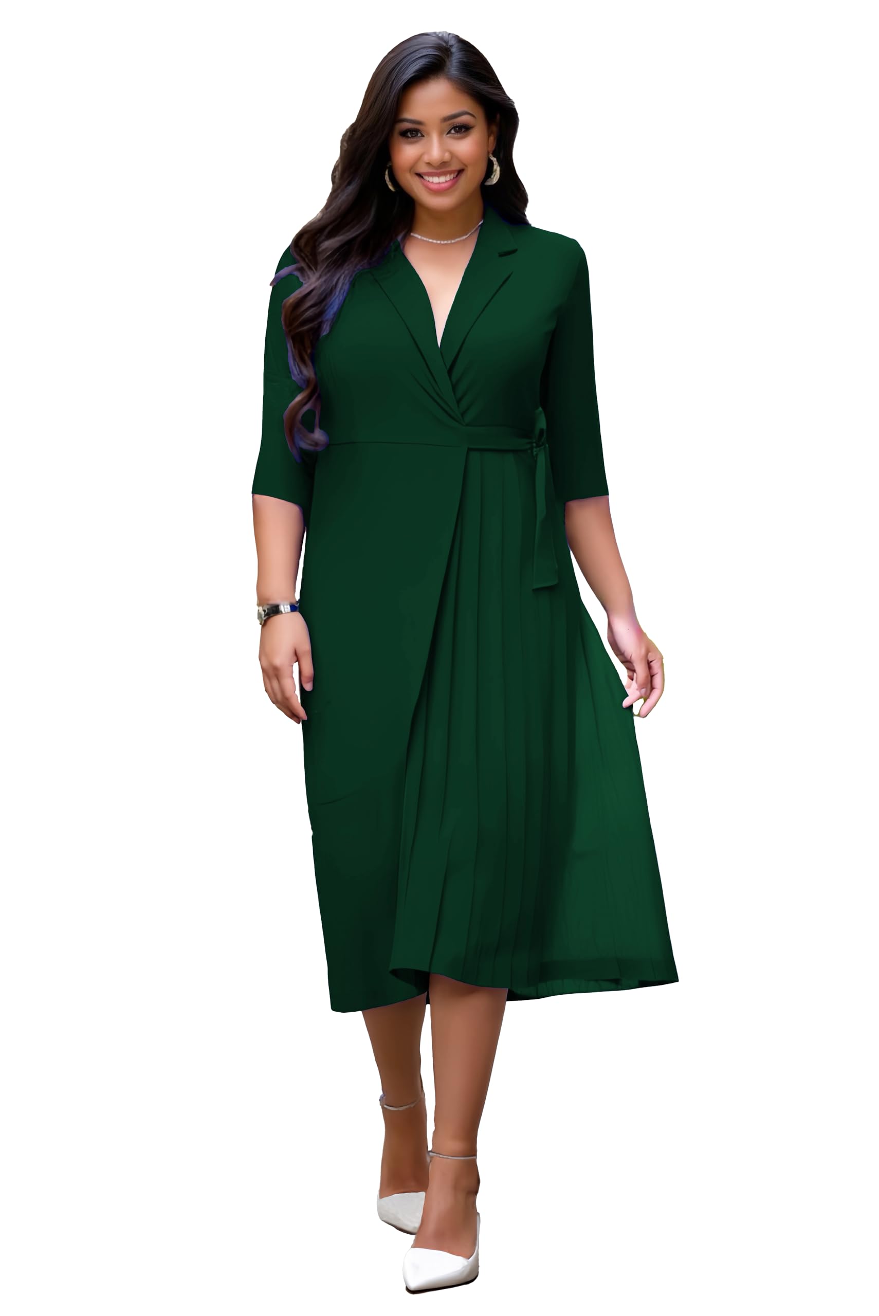 Womens Plus Size Pleated Midi Dress Comfortable Suit Collar 3 4 Sleeve Belted Casual Formal Work Church