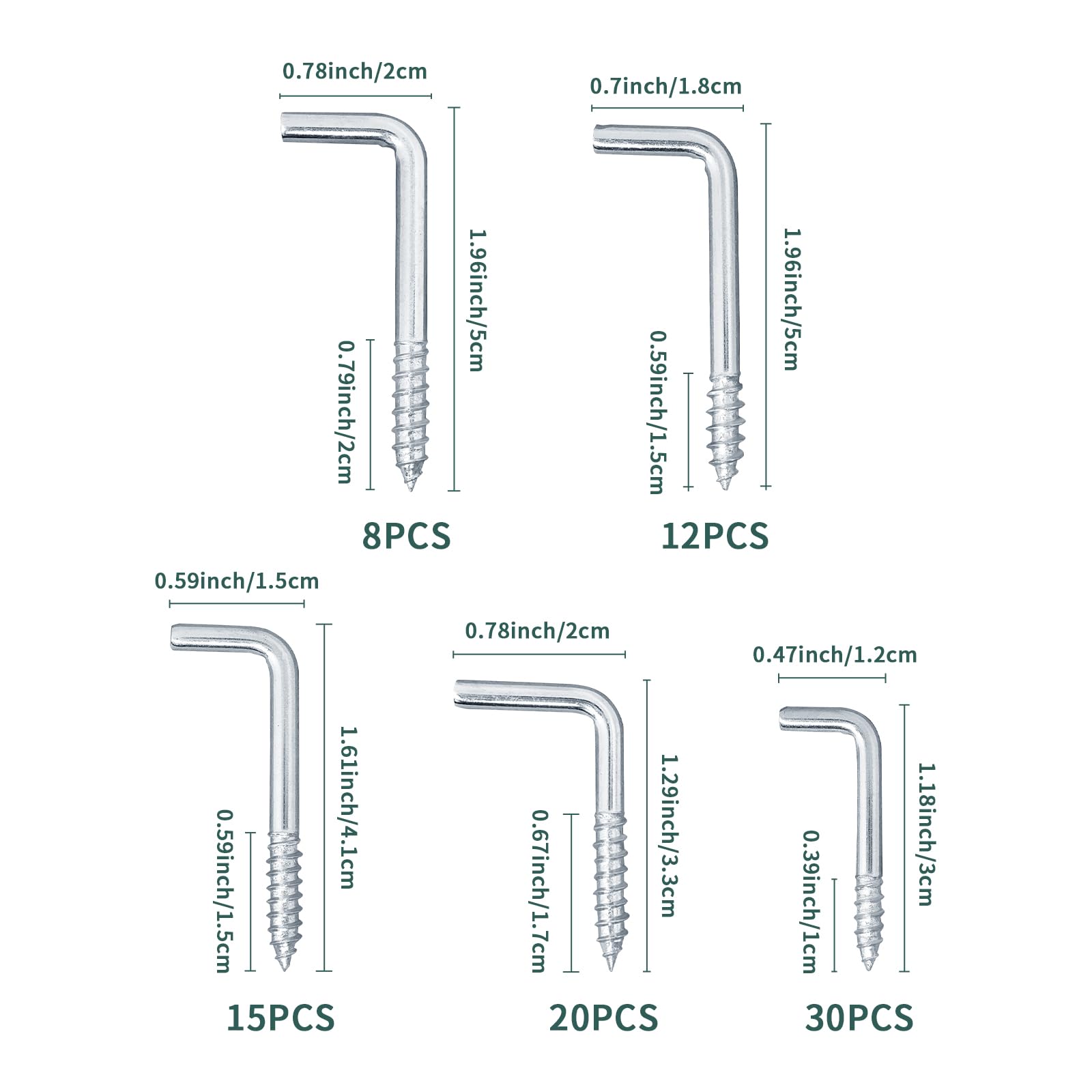 Ticway 85 PCS Galvanized Spiral Square Bend Hook Set, 5 Sizes Heavy Duty Self-Tapping Hooks for Home Garage - Image 2