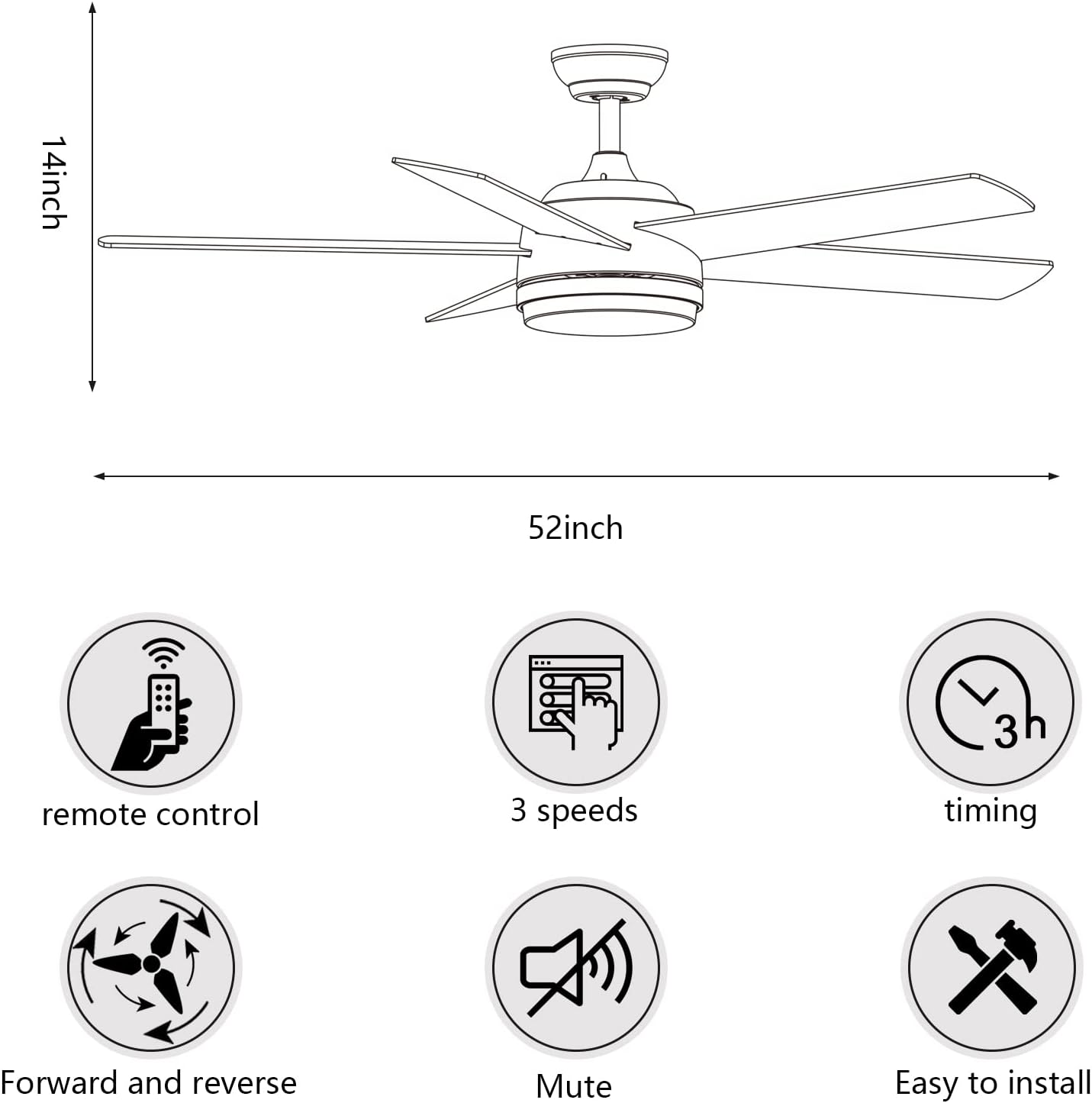 YUHAO 52 inch Brushed Nickel Ceiling Fan with Lights and Remote Control,Dimmable tri-Color temperatures LED,Quiet Reversible Motor, 5 Blades Modern Ceiling Fan for Indoor or Covered Outdoor use. - - 