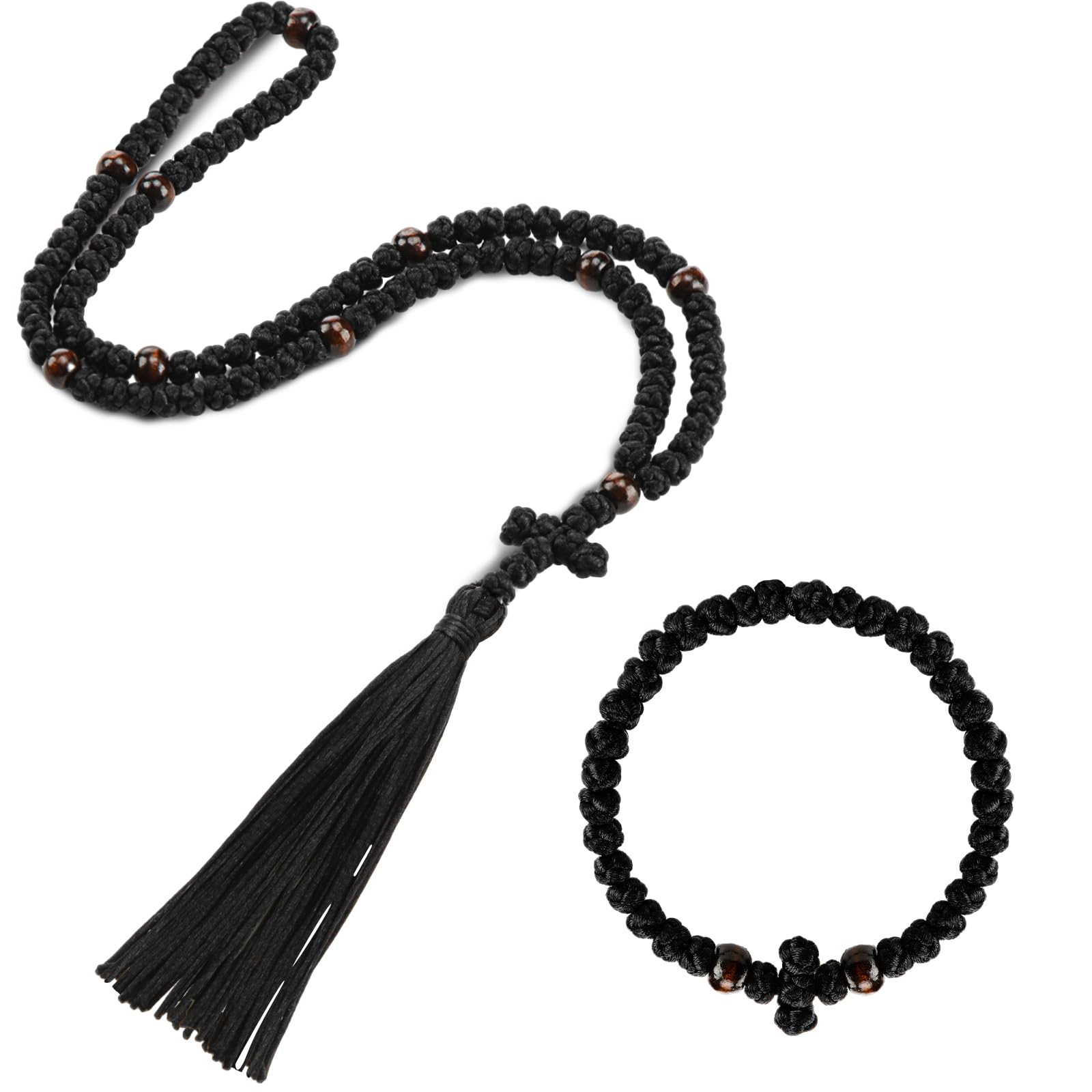 Landical 2 Pcs Handmade Orthodox Prayer Rope 100 Knots and Christian 33 Knots Bracelet Greek Prayer Rosary Protection Blessing Cross Charm Gifts(Red,Tassel Style)