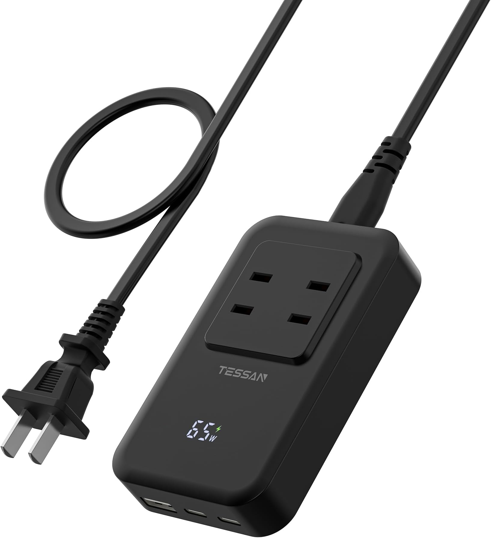USB Outlet Power Tap, Ultra Thin, PD65W, Extension Cord, 3.3 ft (1 m), Rapid Charger, Type-C, Short Cable, Outlet Tap, Smartphone Charger, Type C, Small and Lightweight, Tabletop, 2 AC Outlets, 2 Type-C Ports, 1 Type-C Port, Black, Compatible with Laptops, Tablets, PCs, and Other Devices