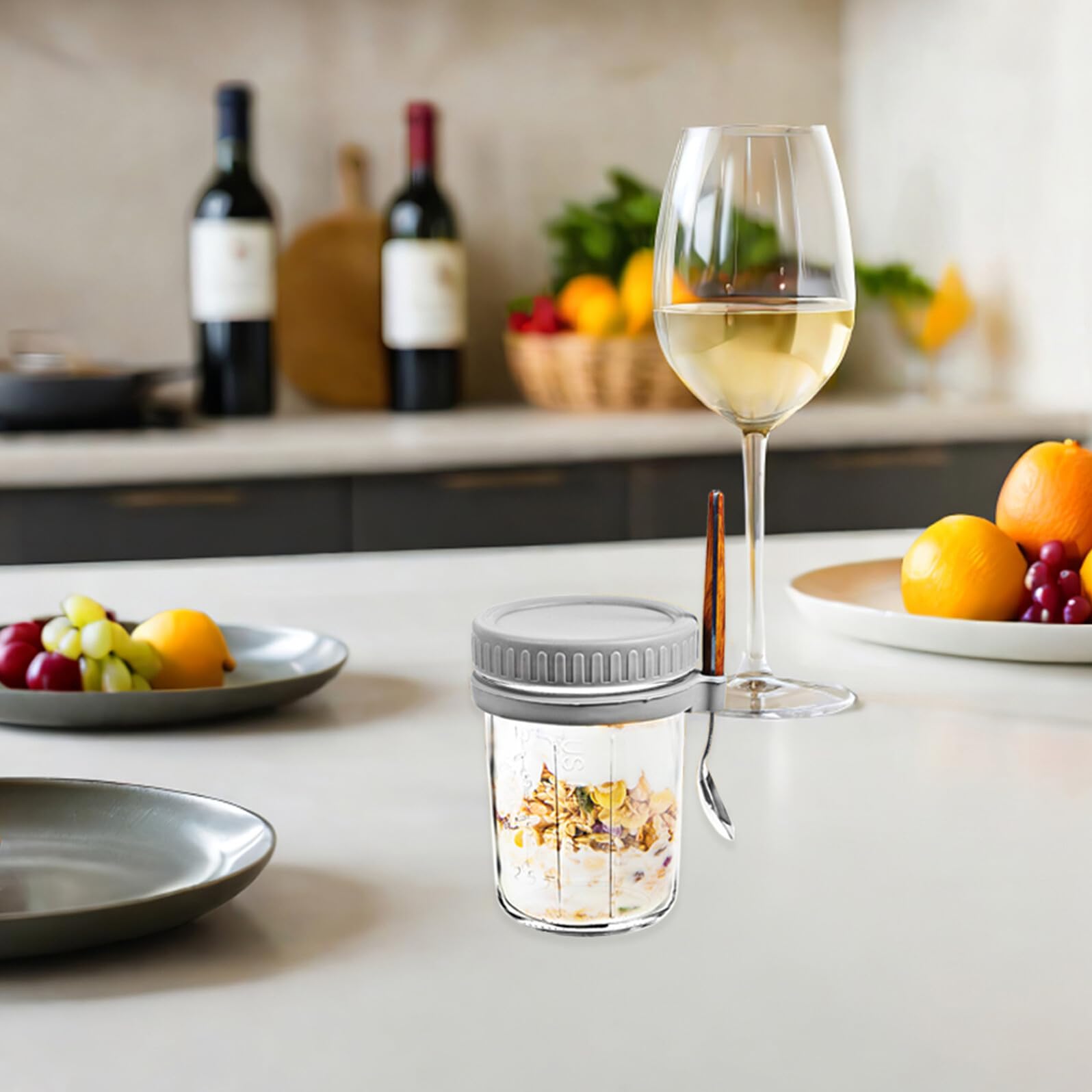 4 Pezzi Barattoli Colazione in Vetro con Coperchi Ermetici e Cucchiai Contenitori Airtight per Yogurt Avena e Cereali da Viaggio Vasetti Riutilizzabili per Porridge e Frutta