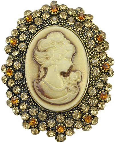 Gyn&Joy Brown Victorian Lady Cameo Brooch Pin with Crystal Rhinestone Charm Women Fashion Jewelry BZ027