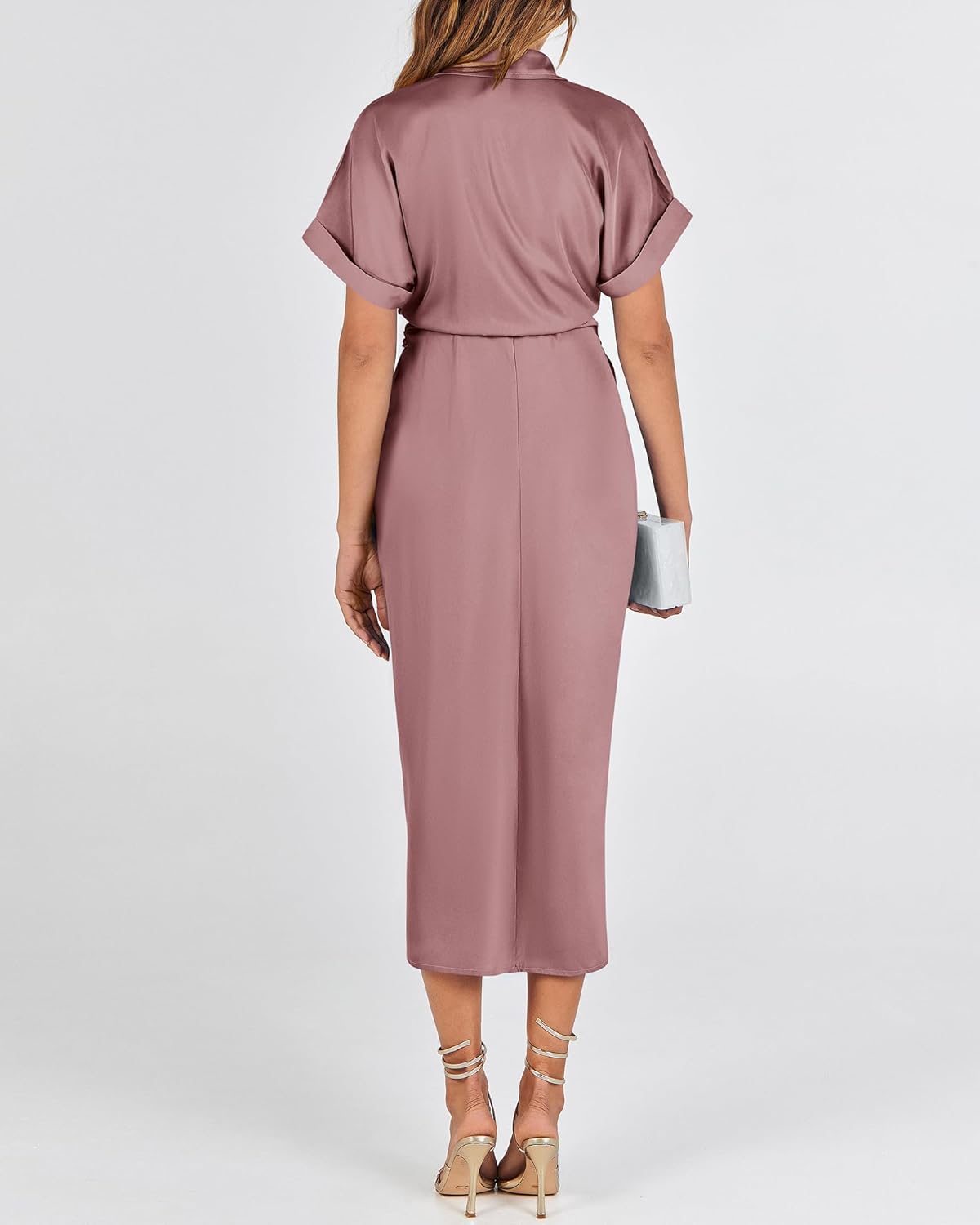 BTFBM Shirt Dresses for Women Spring Button Short Sleeve Silk Satin Ruched Maxi Summer Dress 2026 Cocktail Party Wedding - Image 5