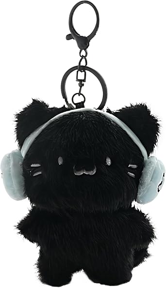 Headphones Cat Keychain - Plush Kitten Animal Cartoon Purse Charms, Handbag Key Chains Gift, Hanging Keyring Black