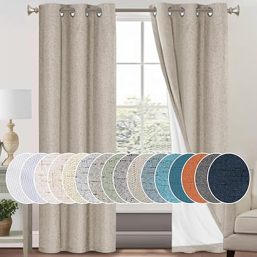 PrinceDeco Cortinas 100% opacas para dormitorio, 84 pulgadas de largo, lino opaco, cortinas térmicas, protección de privacidad, cortina de ventana