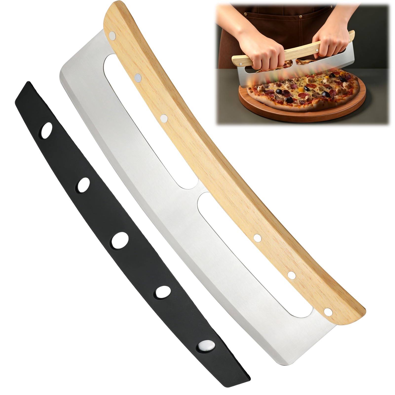 Cortador de Pizza Profesional de Acero Inoxidable con Mango de Madera, Cuchillo Curvo para Pizza de 35 cm, Cortador de Masa y Verduras, Diseño Ergonómico para un Corte Preciso y Seguro