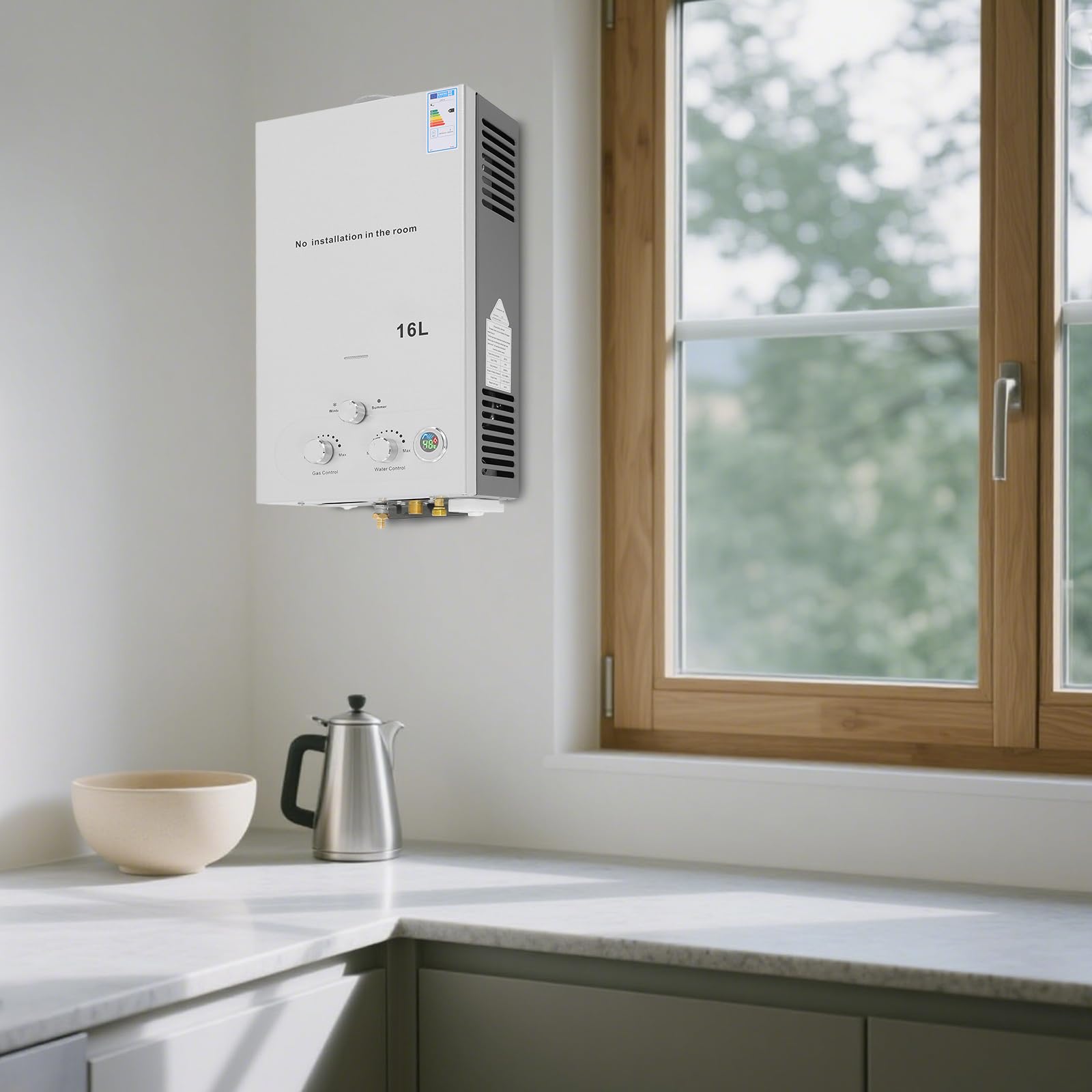 16L Gas Durchlauferhitzer mit Duschkopf 32KW LPG Warmwasserbereiter Super Niedrigem 0,15 bar Startwasserdruck für Zuhause Wohnmobile Kabinen