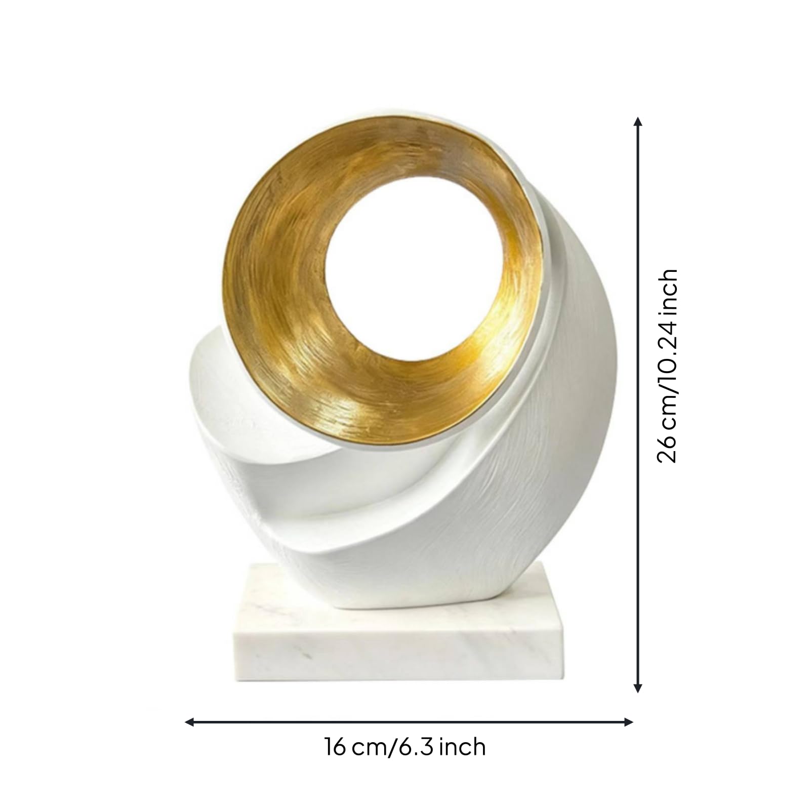 Escultura Geométrica Moderna Estatua de Mesa Ornamental Resina Metal Acabado Texturado con Aro Dorado sobre Base, Moderno Minimalista con Base De Mármol Blanco