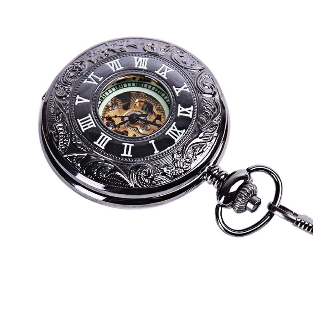 Desconocido Reloj de Bolsillo, Cadena Gruesa Negra Grande Tallada Encaje Ahuecado Reloj de Bolsillo clásico mecánico Luminoso