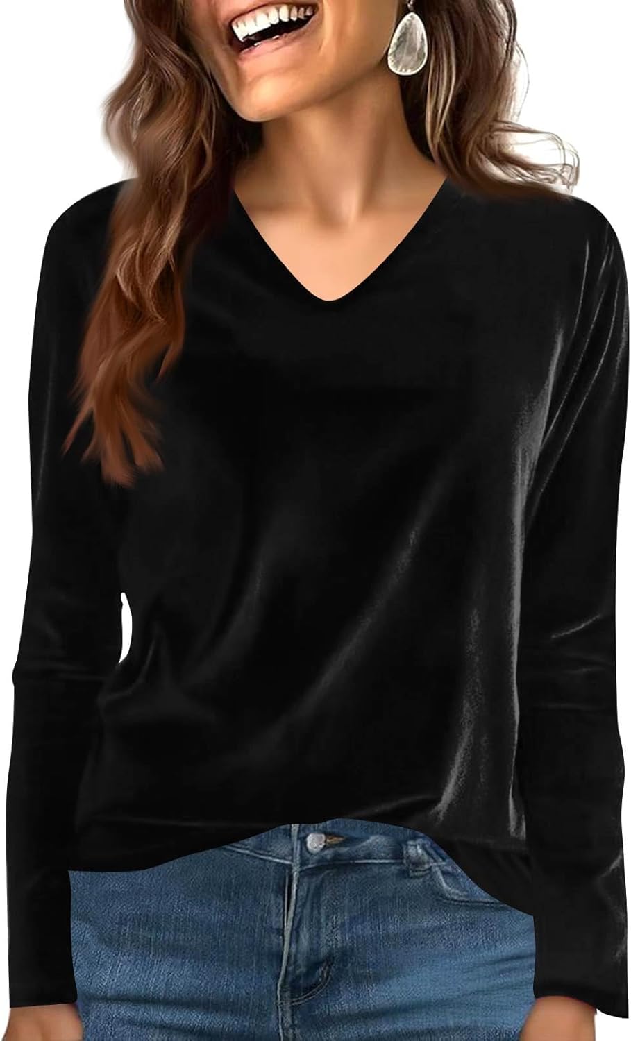 Velvet Tops for Women Dressy Casual V Neck Shirts Loose Fit Vintage Long Sleeve Velour Blouse Solid Holiday Party Outfits - Image 2