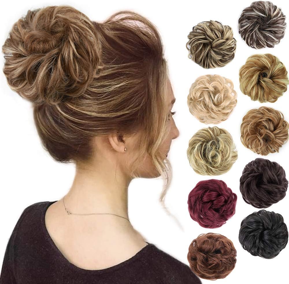 1PCS Messy Hair Bun Hair Scrunchies Extension Curly Wavy Messy Synthetic Chignon for Women Updo Hairpiece (Light Golden Brown & Pale Golden Blonde)-image-9