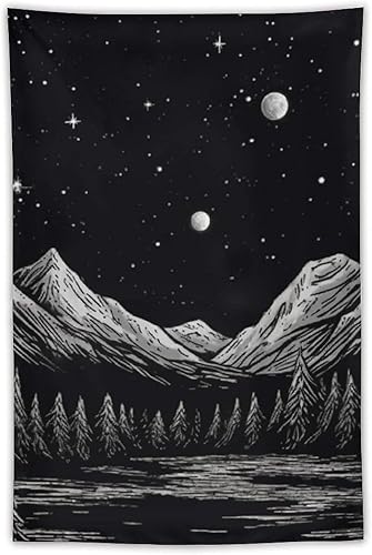 Miniatura 1 de BAHELS Tapiz estético de noche estrellada en blanco y negro, luna, estrellas, naturaleza, montaña, tapiz de tela, decoración de pared para