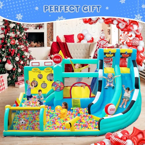SportBob Hüpfburg für Kinder Outdoor Indoor, Aufblasbare Bounce House XXL mit Gebläse, Trocken-/Wasserrutsche, Springen, Planschbecken, Kletterwand, Wasserspray, 470×400×220cm