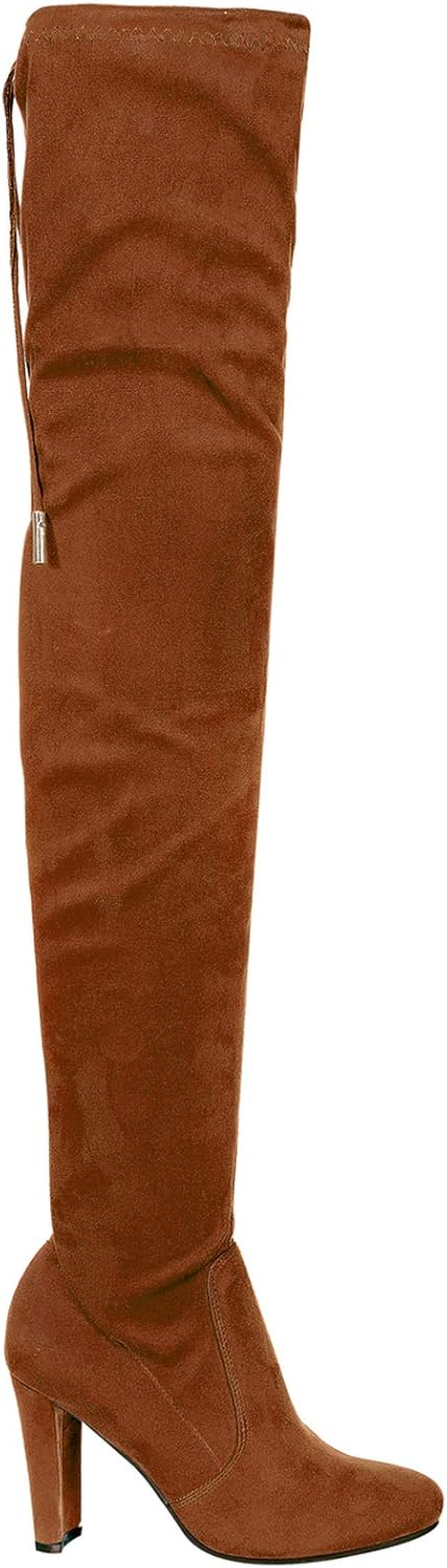 Eve 01 Womens Stretchy Thigh High Pull String Chunk Heel Combat Boots Camel 6