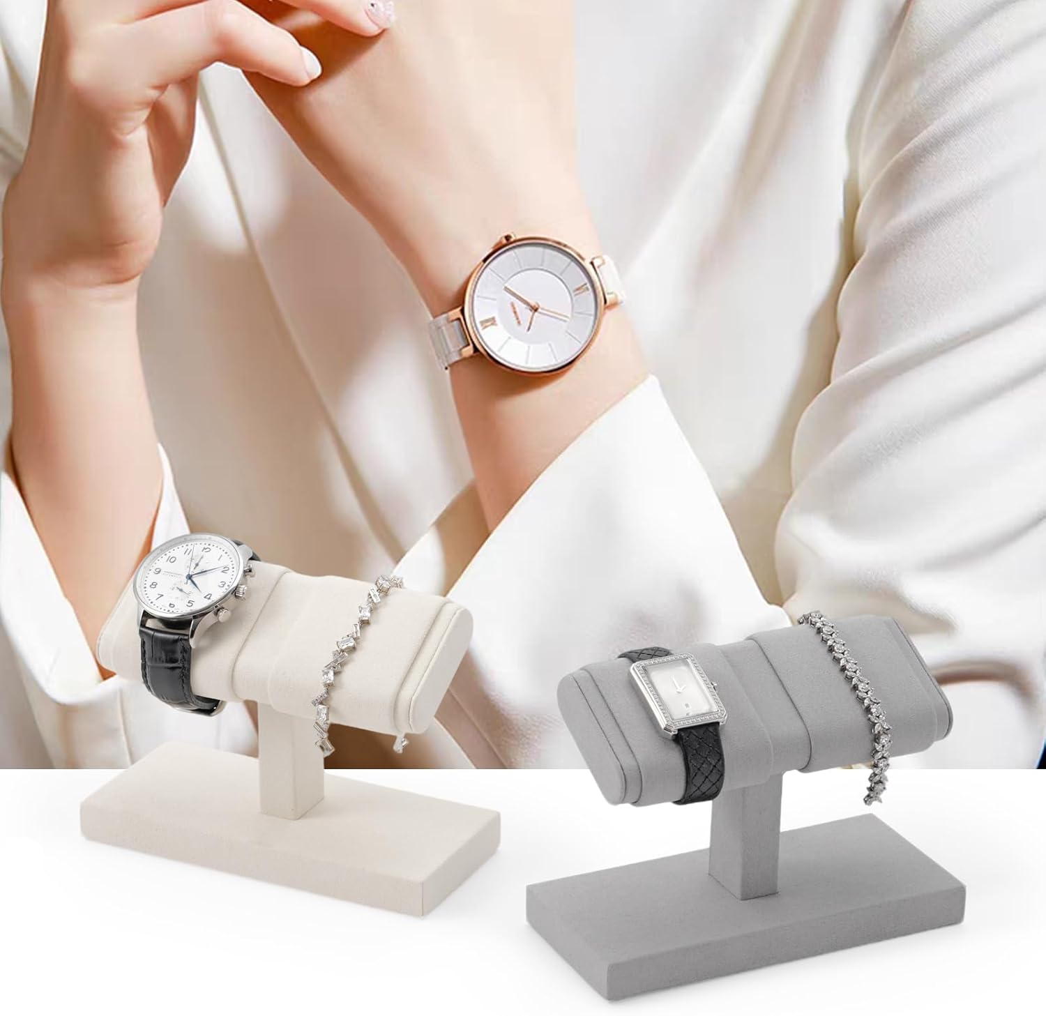 Double Watch Display Stand - Luxury Watch Holder with Soft Microfiber Lining for Jewelry Store, Home Decor & Travel | Compact 6x3x4.3in(Beige)