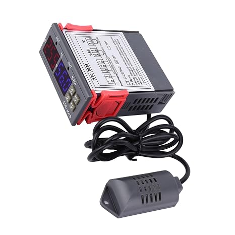 Temperature Humidity Controller, Digital Dual Screen Adjustable Thermostat Meter with Integrated Sensor 12V Wide Range Control for Incubator Terrarium ABS Flame Retardant Shell
