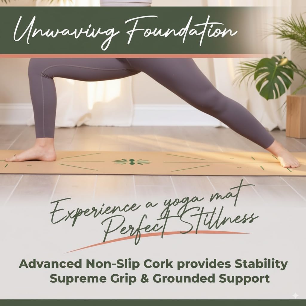 Premium Cork Yoga Mat | Extra-Large 5mm Thick Mat with Natural Tree Rubber Base | Non-Slip Surface with Alignment Lines for Posture Support | Eco-Friendly, Durable & Comfortable for All Yoga Practices