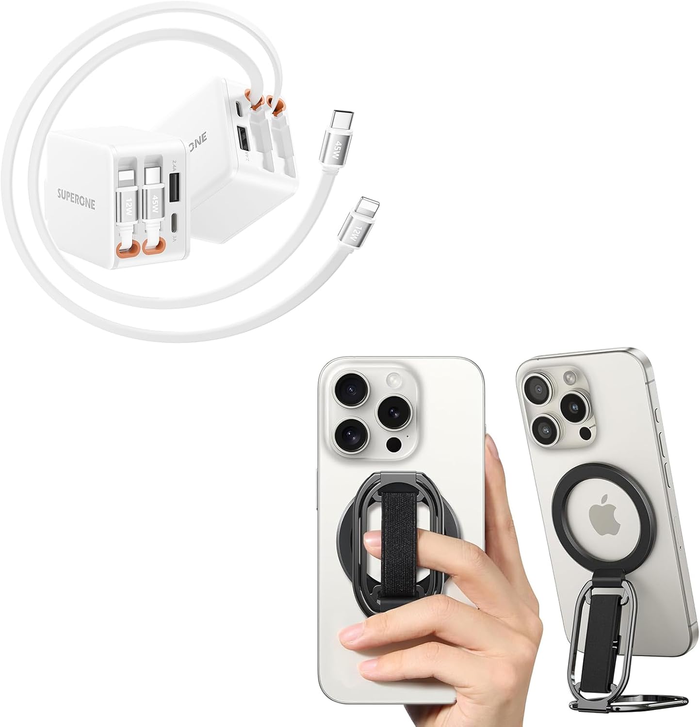 SUPERONE for MagSafe Phone Grip for MagSafe Kickstand & SUPERONE 4-in-1 Retractable Wall Charger with Dual Cables, 45W PD Fast Charging