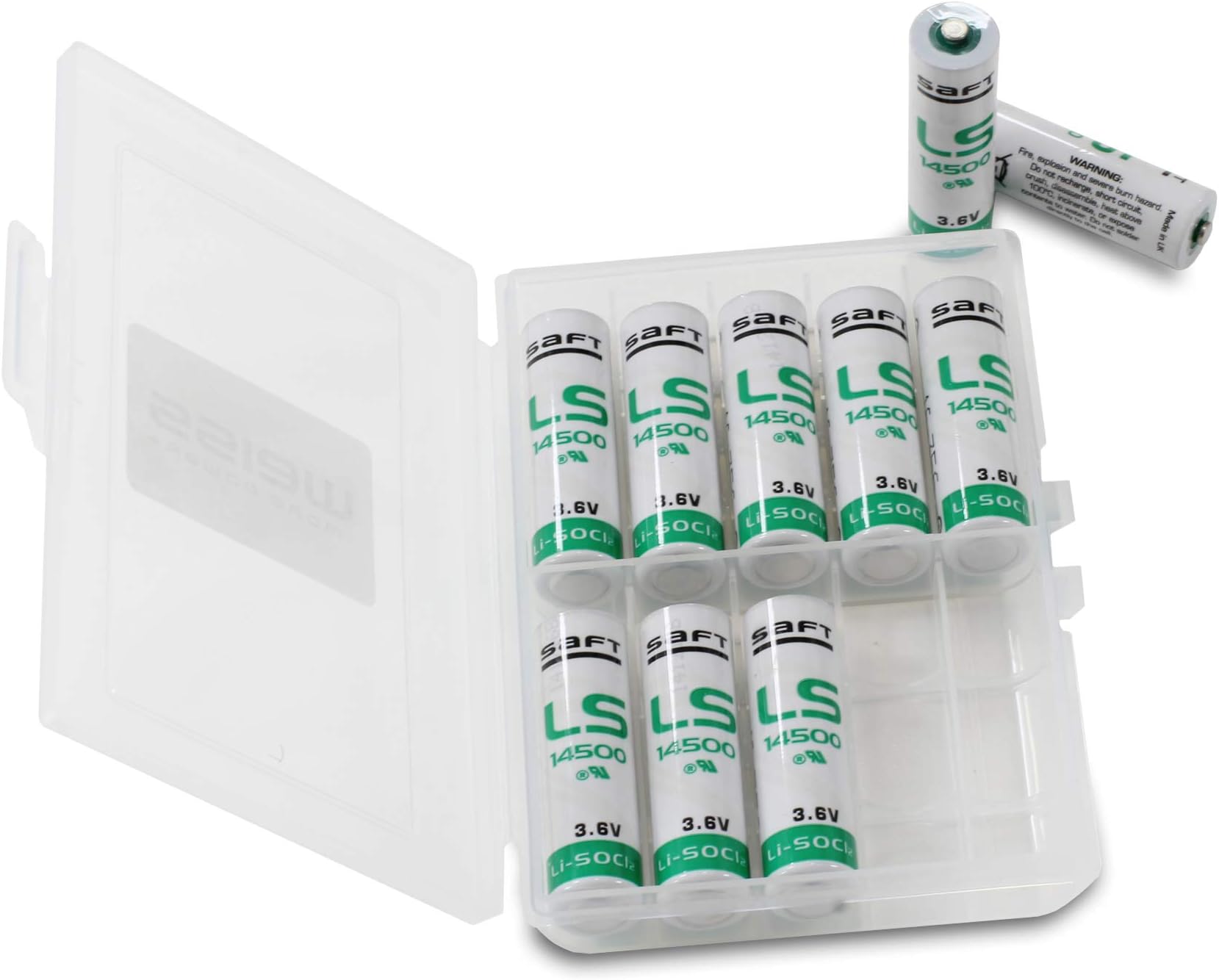 Weiss - More Power + Saft LS14500 Batteries AA/Mignon, Durable Li-SOCl2 High-Performance Batteries with 3.6 V, in Battery Box Pack of 10
