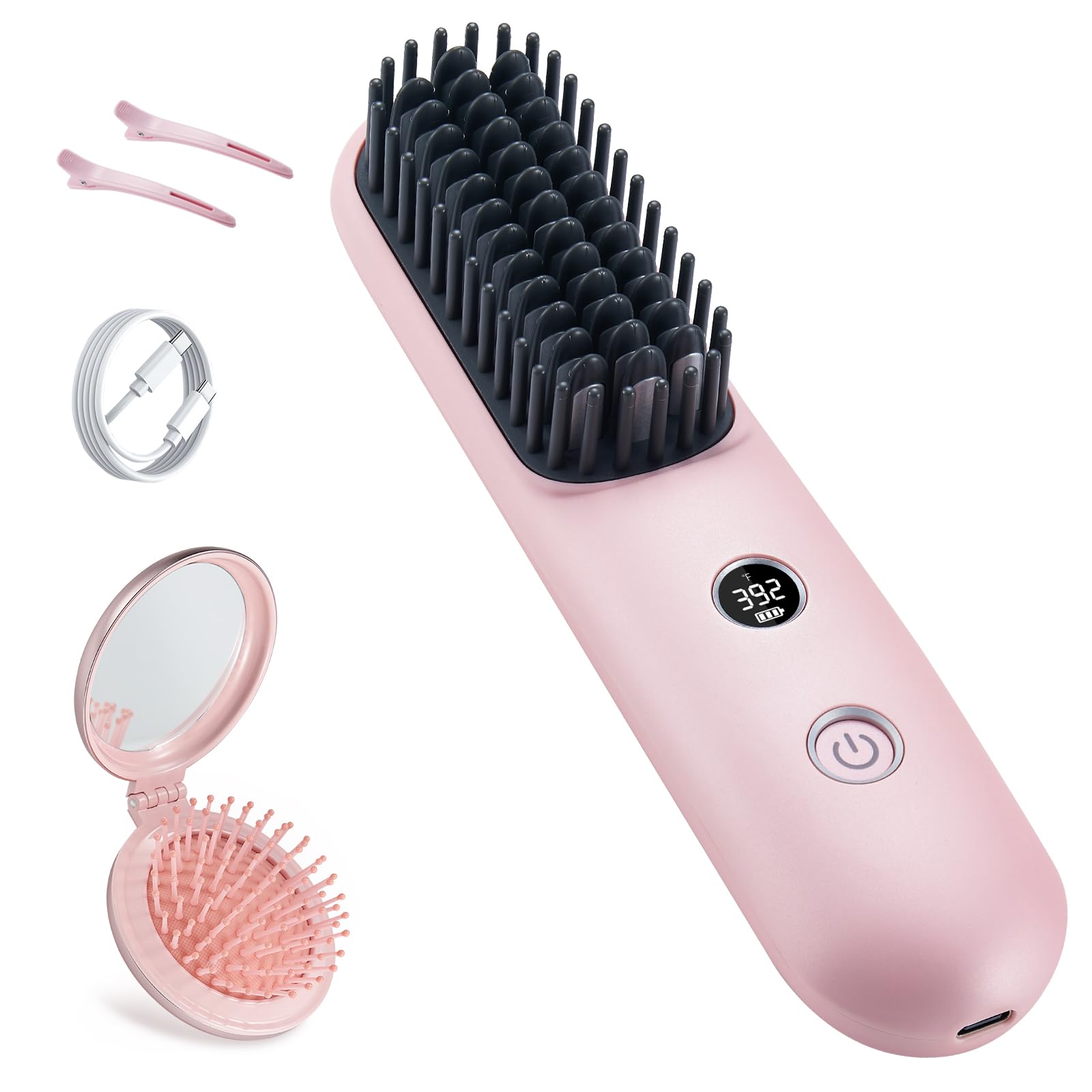 Cordless Hair Straightener Brush, Portable Travel Hair Straightener Comb Negative Ion Fast Heating Hot Comb for Women with USB-C Rechargeable Ceramic Anti-Scald Foldable Mini Hair Brush Mirror, Pink