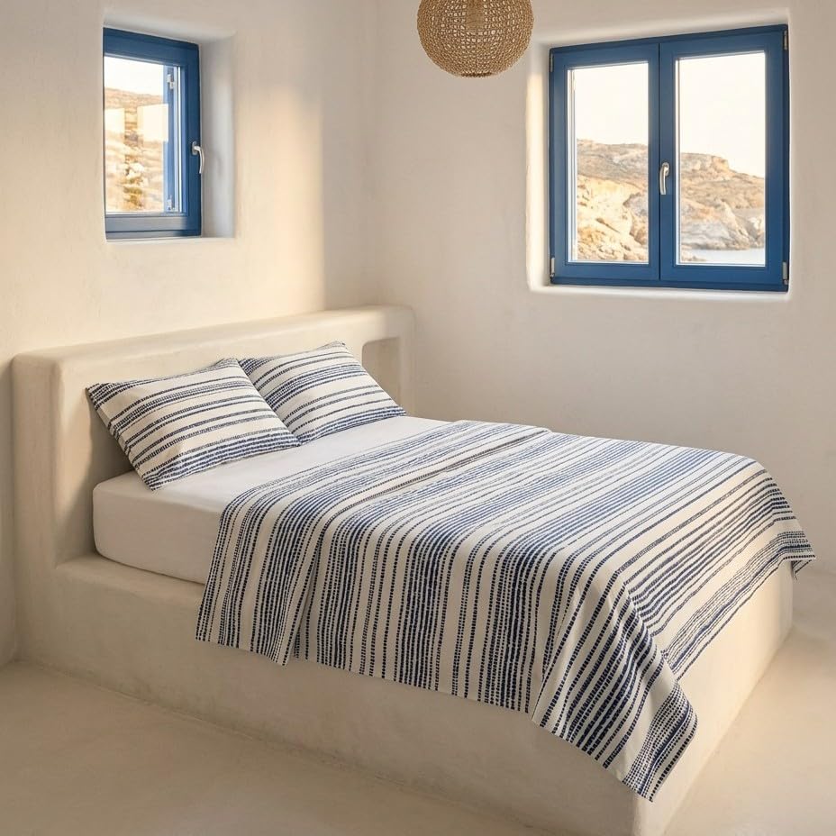Juego sabanas 100% algodón, Rayas Cama 135/140, con Fundas de Almohada, Azul.