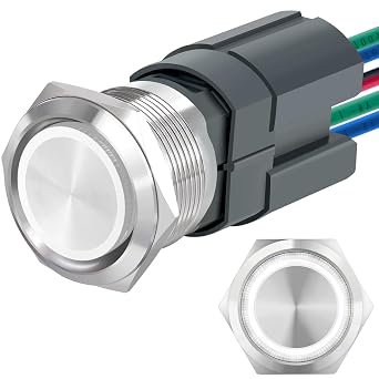 UL Listed 15Amp 22mm Latching Push Button Switch, IP67 Waterproof, DPST 2NO, Stainless Steel 304, On Off Switch with Wire Socket, 12V White LED.
