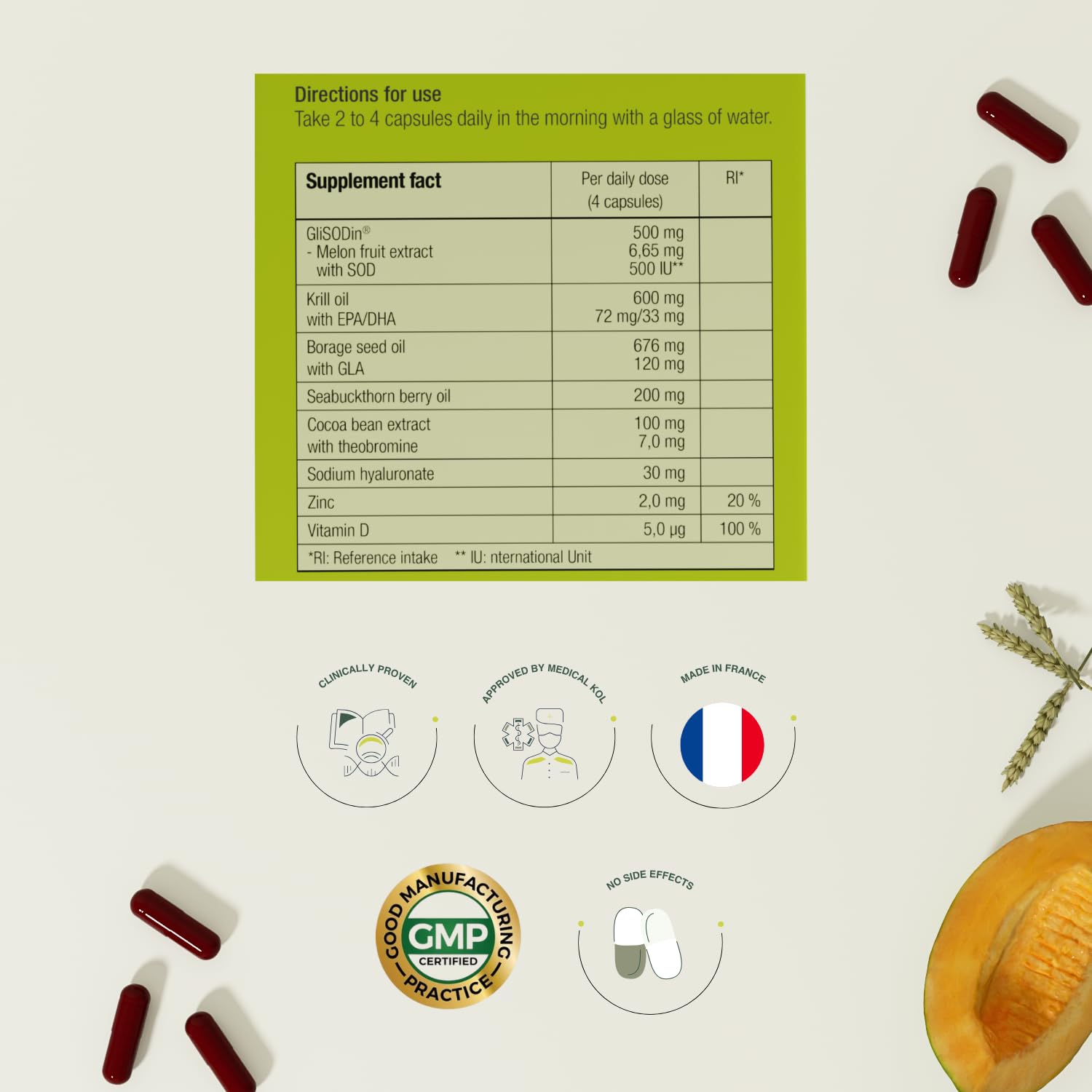 GliSODin Anti-Âge – Complément avec ingrédients hydratants, cliniquement prouvé, aide à une peau plus éclatante et réduit les rides – 60 gélules