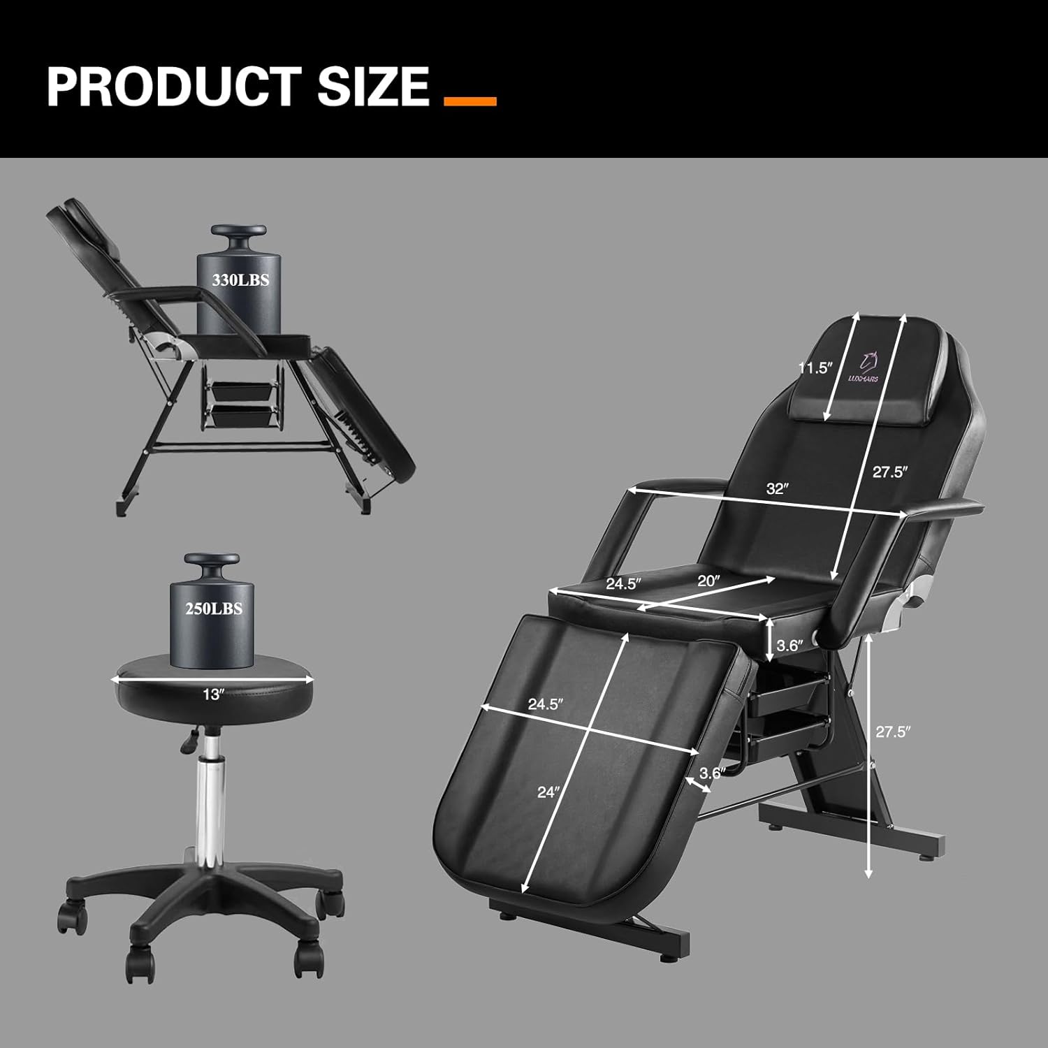 Facial Chair,73″ Tattoo Chair for Client,3-Section Adjustable Massage Table with Stool,Multipurpose Beauty Beds Salon Equipment for Esthetician,Tattooshop,Spa (Black)