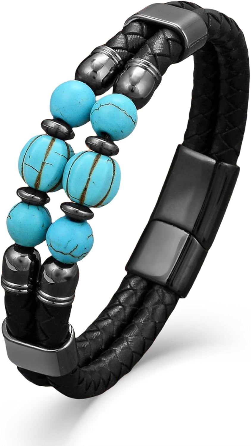 Mens Turquoise Bracelet Western Turquoise Bracelets for Men Black Leather Bracelet Lucky and Healing Protection Jewelry Gifts for Birthday Christmas, 8.27in/21cm