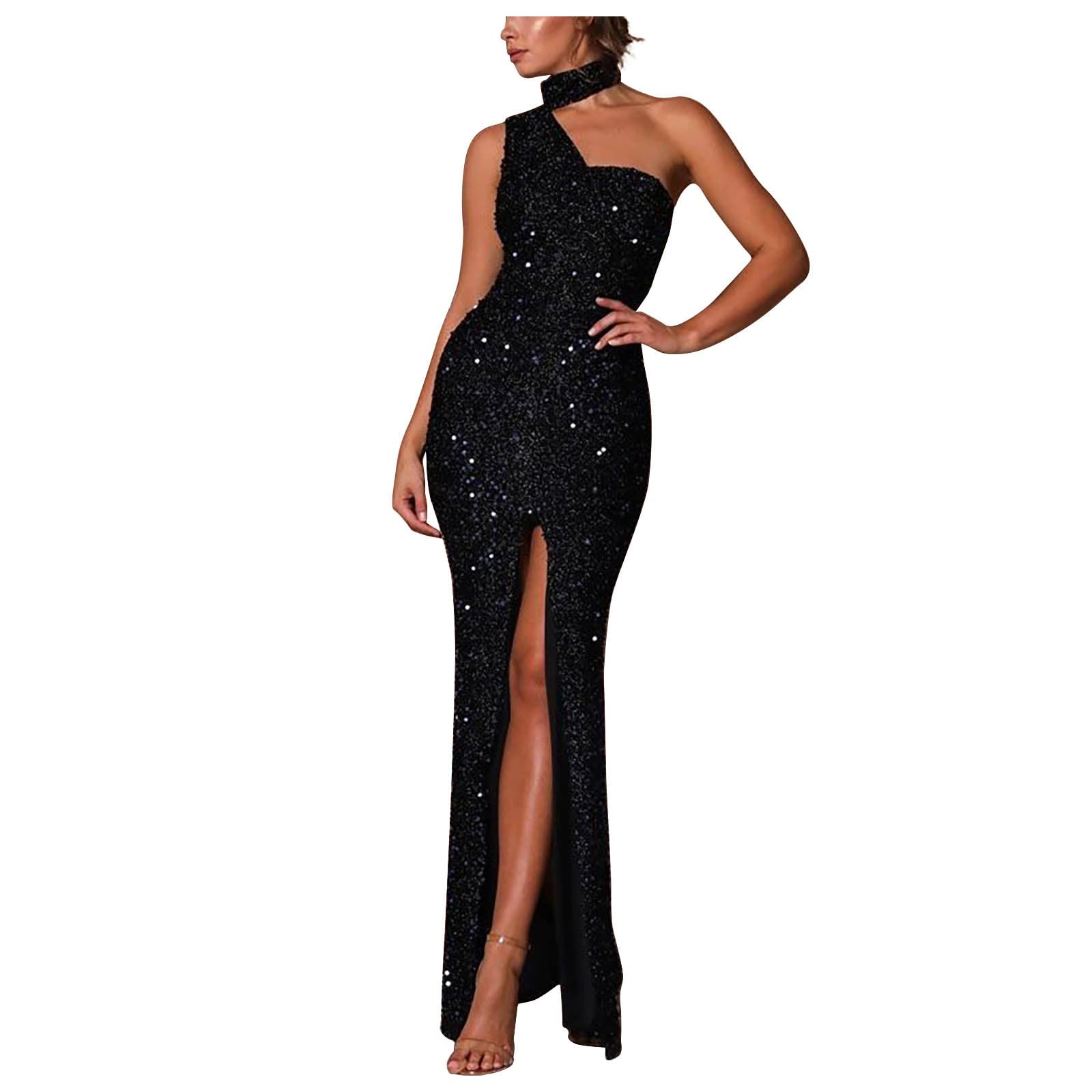 Robe De Bal De Cocktail Moulante sans Manches À Paillettes Scintillantes pour Femme Robe Femme Sexy Dos Nu Bodycon Dress Robe Col Halter Longue Pas Cher