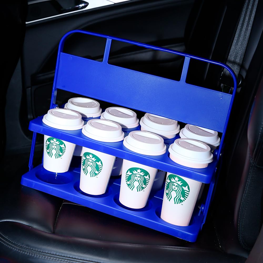 Bodaon 8 Cup Drink Carrier with Handle, Plastic Cup Carriers for Drinks, Drink Holder for Car, Take Out Delivery Drivers Accessories, Portable Foldable Reusable Mobile, Use for Food Delivery Bag, Blue - Image 5
