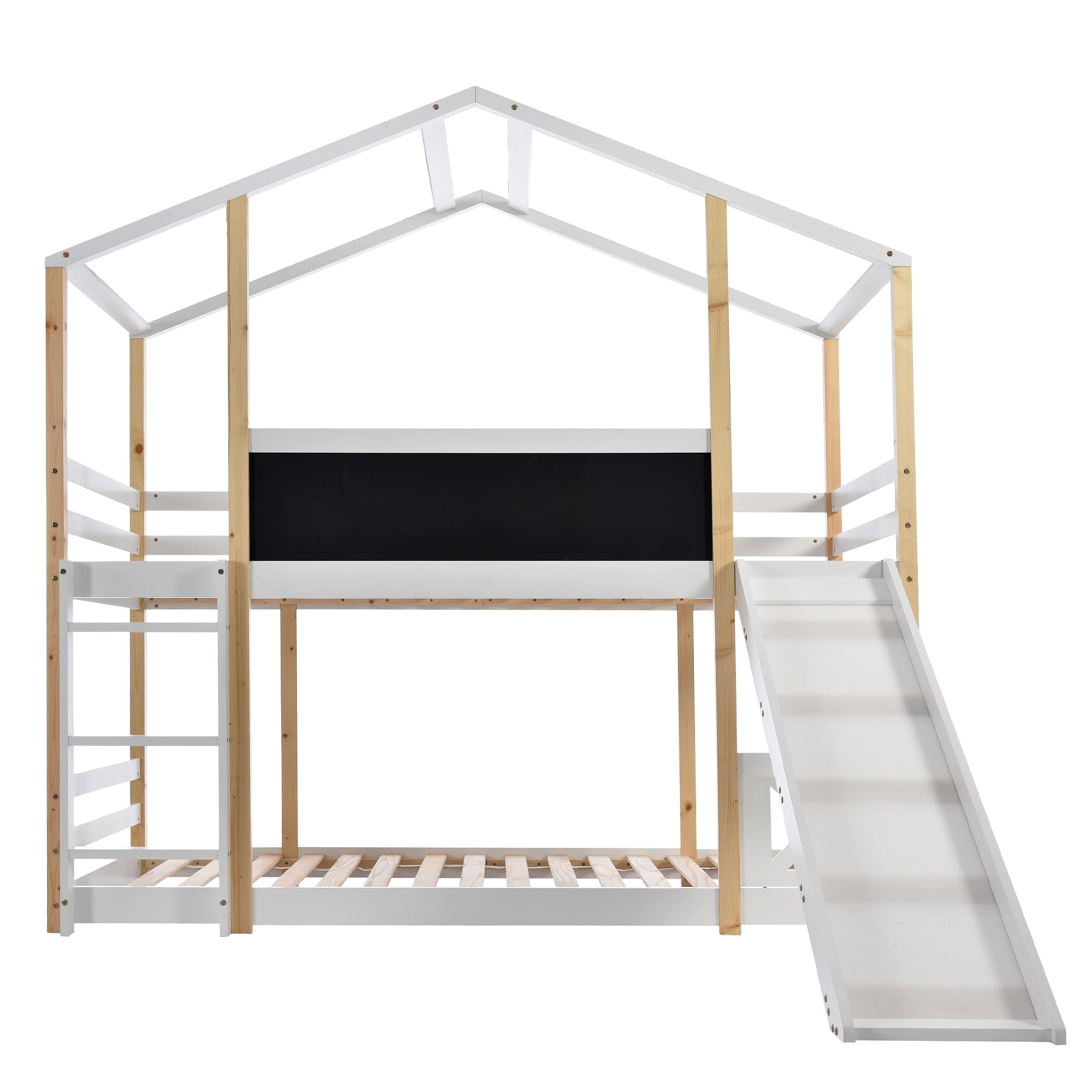 HESHU Kinderbett Etagenbett 90x200 cm, Hausbett mit Rutsche und Tafel, Hochbett für 2 Kinder, Funktionsbett Stockbett mit Lattenrost, Weiß+Natur, ohne Matratze