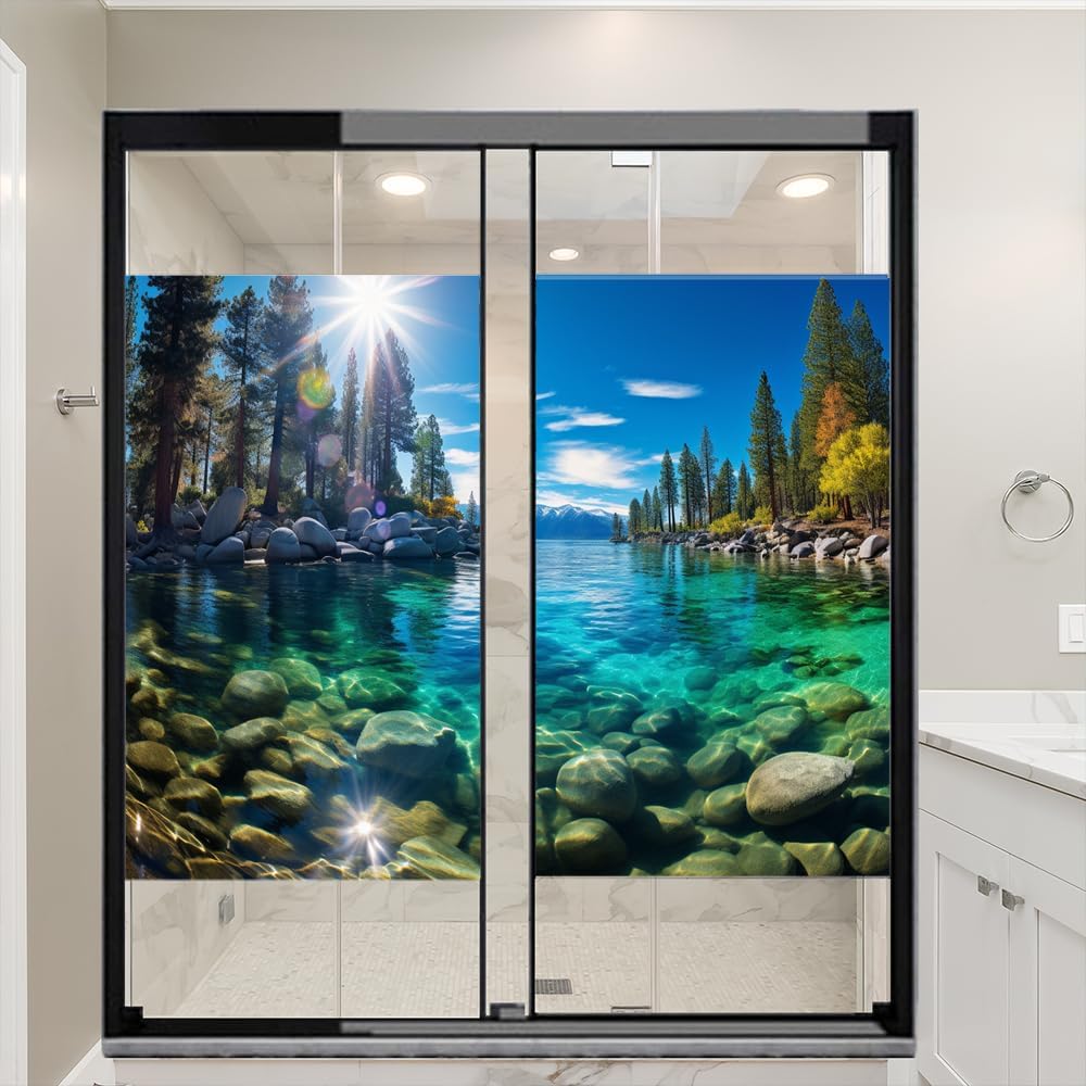 Beautiful Lake Frosted Window Film, Underwater Stone Rustic Tree Self-Adhesive Stained Glass Privacy Film, Sun Blocking Decorative Cover for Bathroom & Glass Door, 35.4Wx63L-inch x2 Pcs
