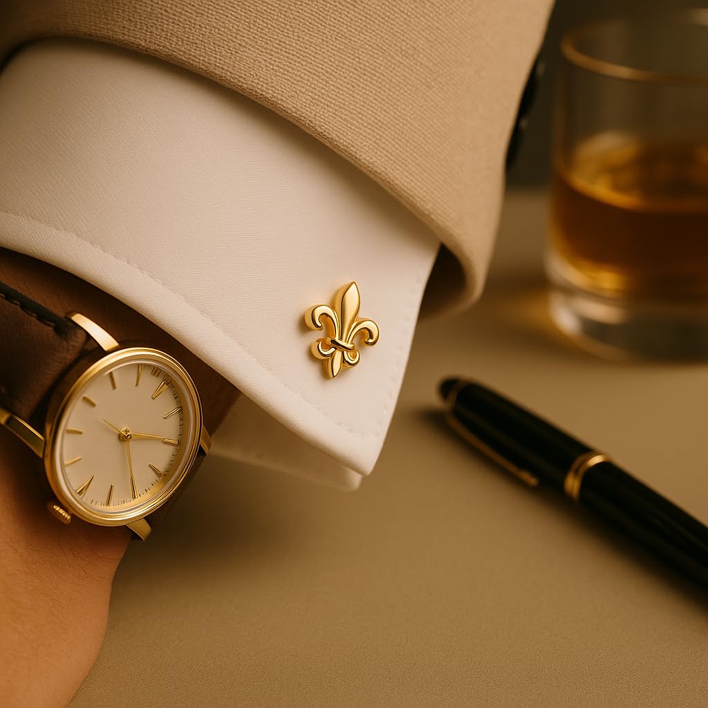 Bouton de Manchette Fleur de Lys Doré | Boutons de Manchette Classique et Elégant | Cadeau Chemise de Mariage pour Homme | Accessoires Hommes Design | Manches Mousquetaire Française Luxe Lys Doré