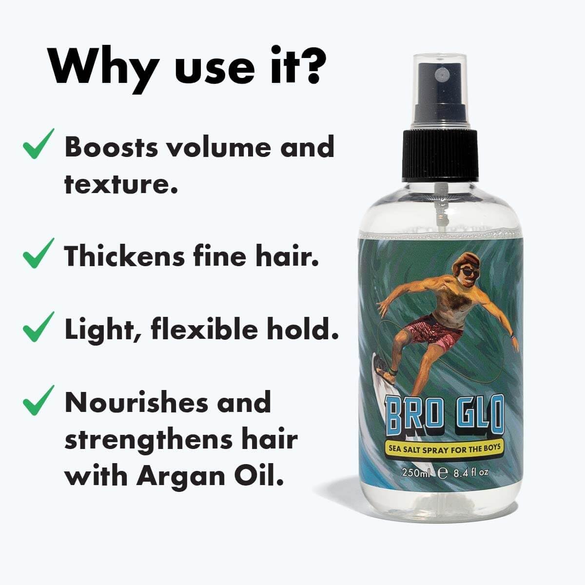 bro glo Sea Salt Spray For The Boys | Sea Salt Spray For Men | Volume & Texture Salt Spray for Hair With Argan Oil | Natural Sea Salt Spray for Fine, Curly & Normal Hair | Hair Sea Salt Spray 8oz