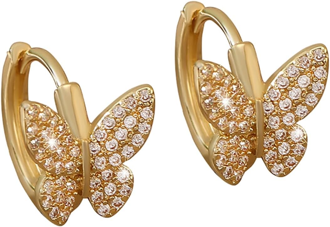 Huggie CZ Butterfly Small Hoop Earrings for Women 14K Gold