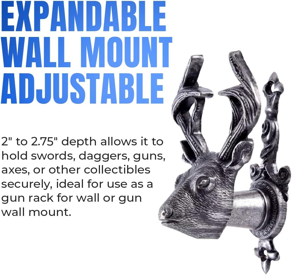 SZCO Deer Head Sword Hanger Wall Mount – 4” Cast Metal Expandable Display Hook for Swords, Guns, Daggers, Axes – Rustic Pewter Finish Weapon Holder – Adjustable Brackets with Screws – 2 Pack image 2