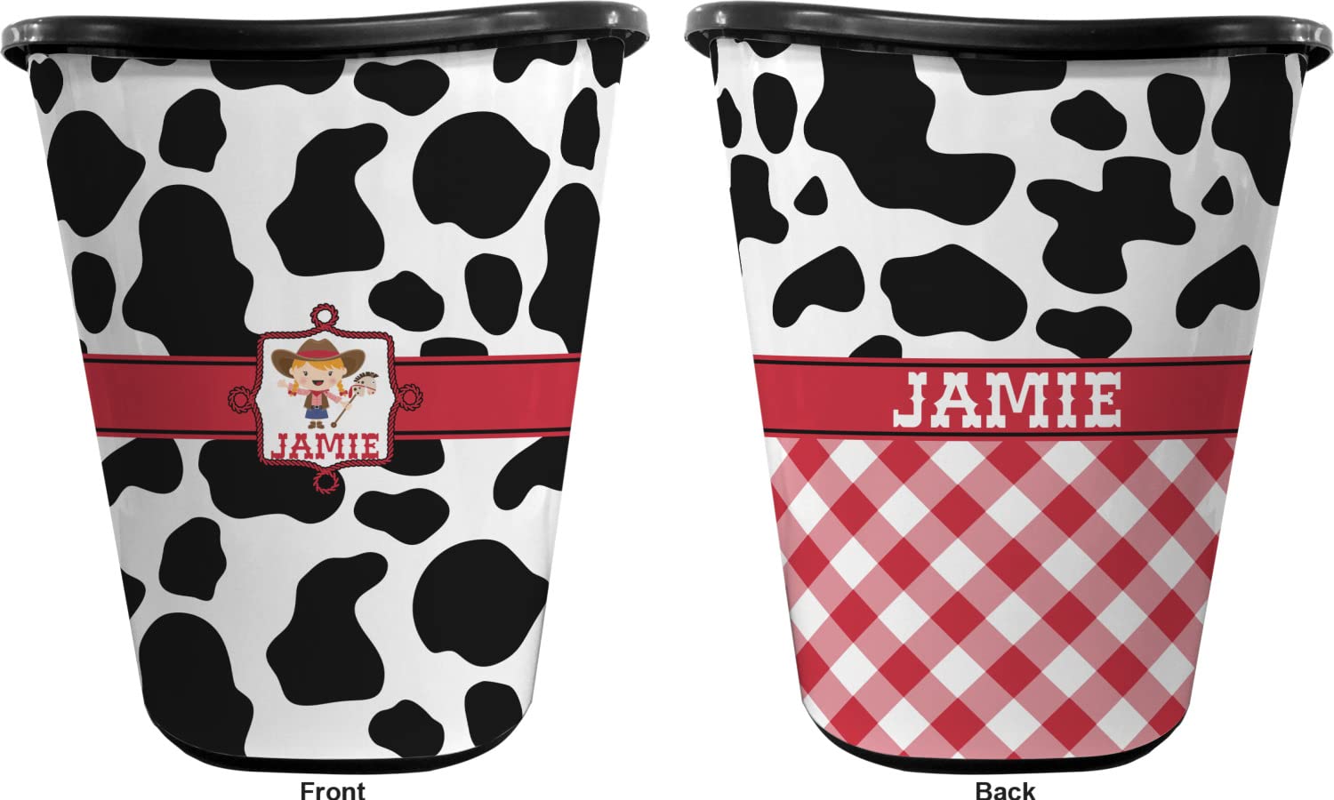 RNK Shops Personalized Cowprint Cowgirl Waste Basket - Double Sided (Black)