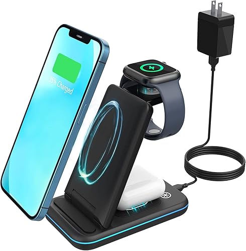 Estación de carga rápida Qi inalámbrica plegable 3 en 1 para Apple, Android, iWatch Series, Airpods Pro 2 y otros teléfonos y auriculares