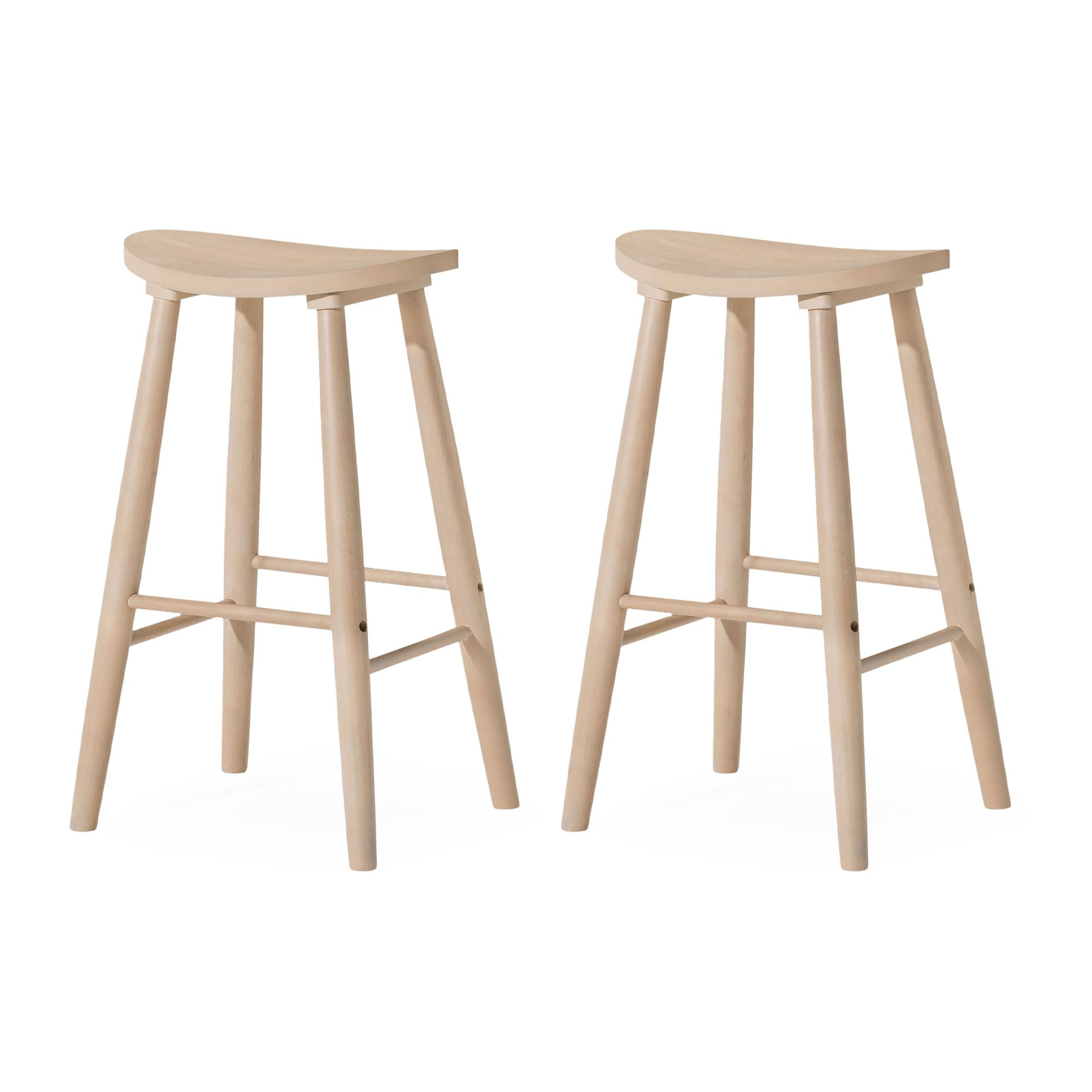 Maven Lane Luna 31 Inch Tall Bar Height Backless Modern Dining Barstool in Rustic Light Oak Wood Finish with Narrow Saddle Seat, Set of 2