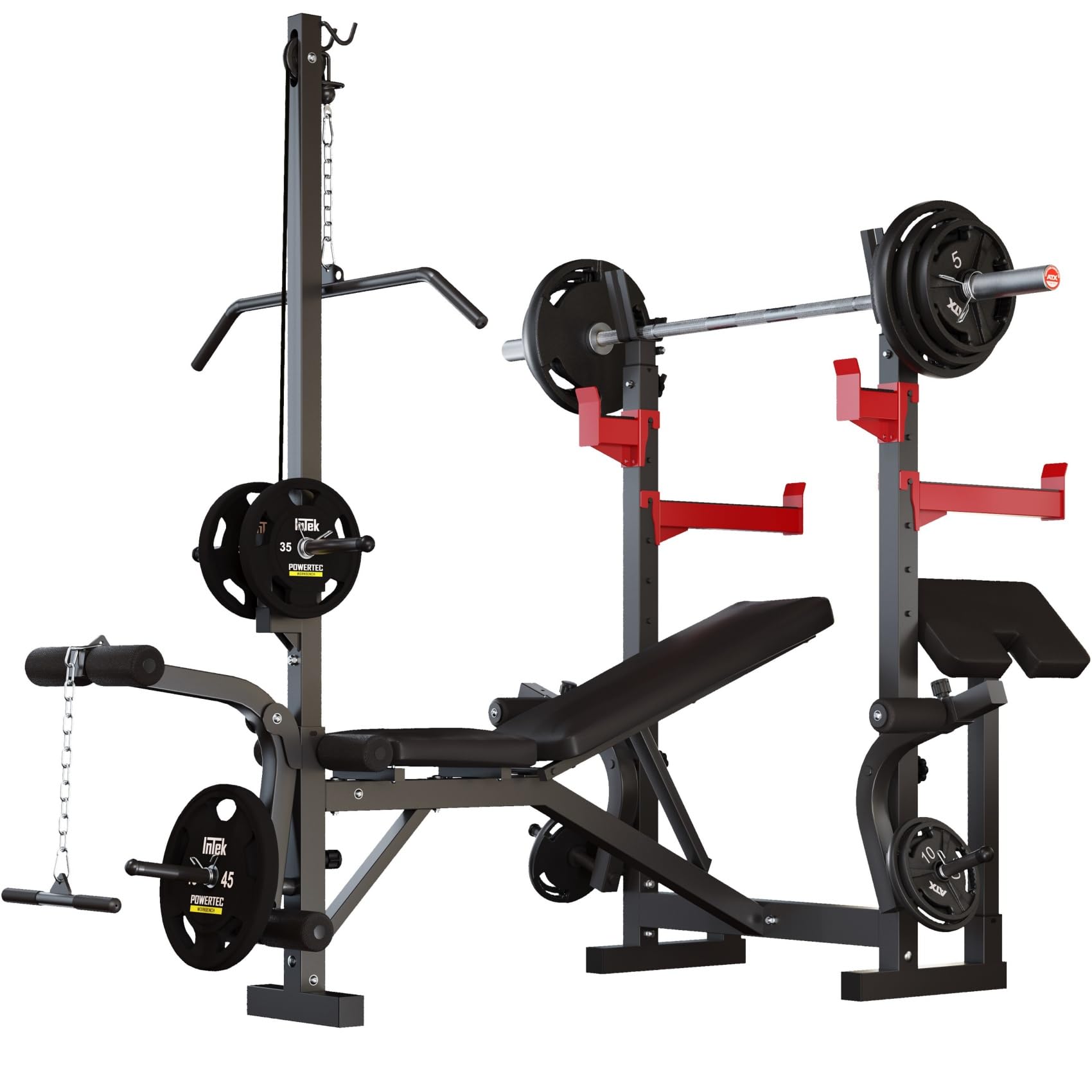 10-in-1 Adjustable Weight Bench Set, 1000 LBS Heavy Duty Multi-Function Bench Press Set with LAT Pulldown System and Squat Rack, Full-Body Strength Training Equipment for Home Gym